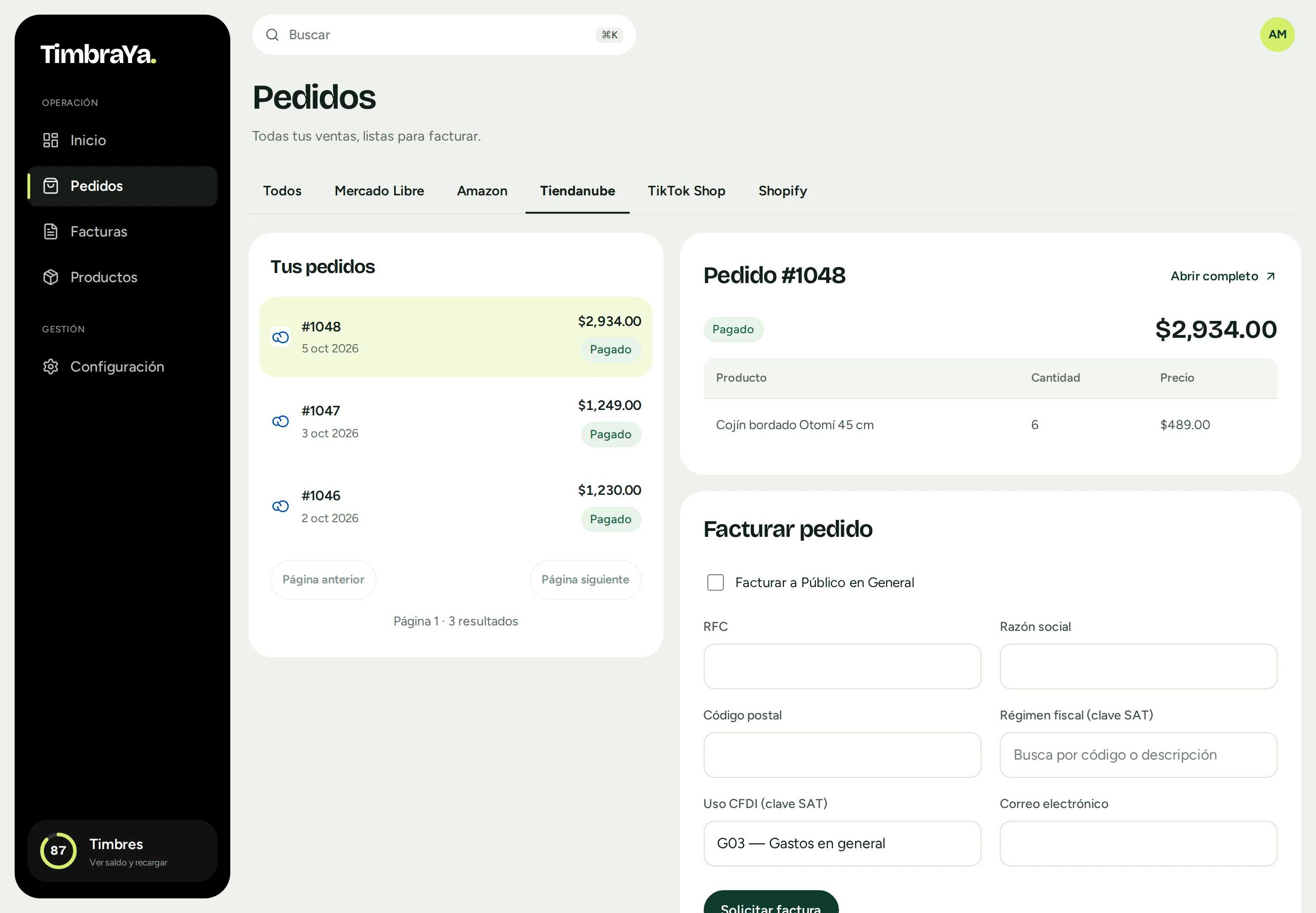Pantalla Pedidos de TimbraYa filtrada a Tiendanube, con un pedido abierto