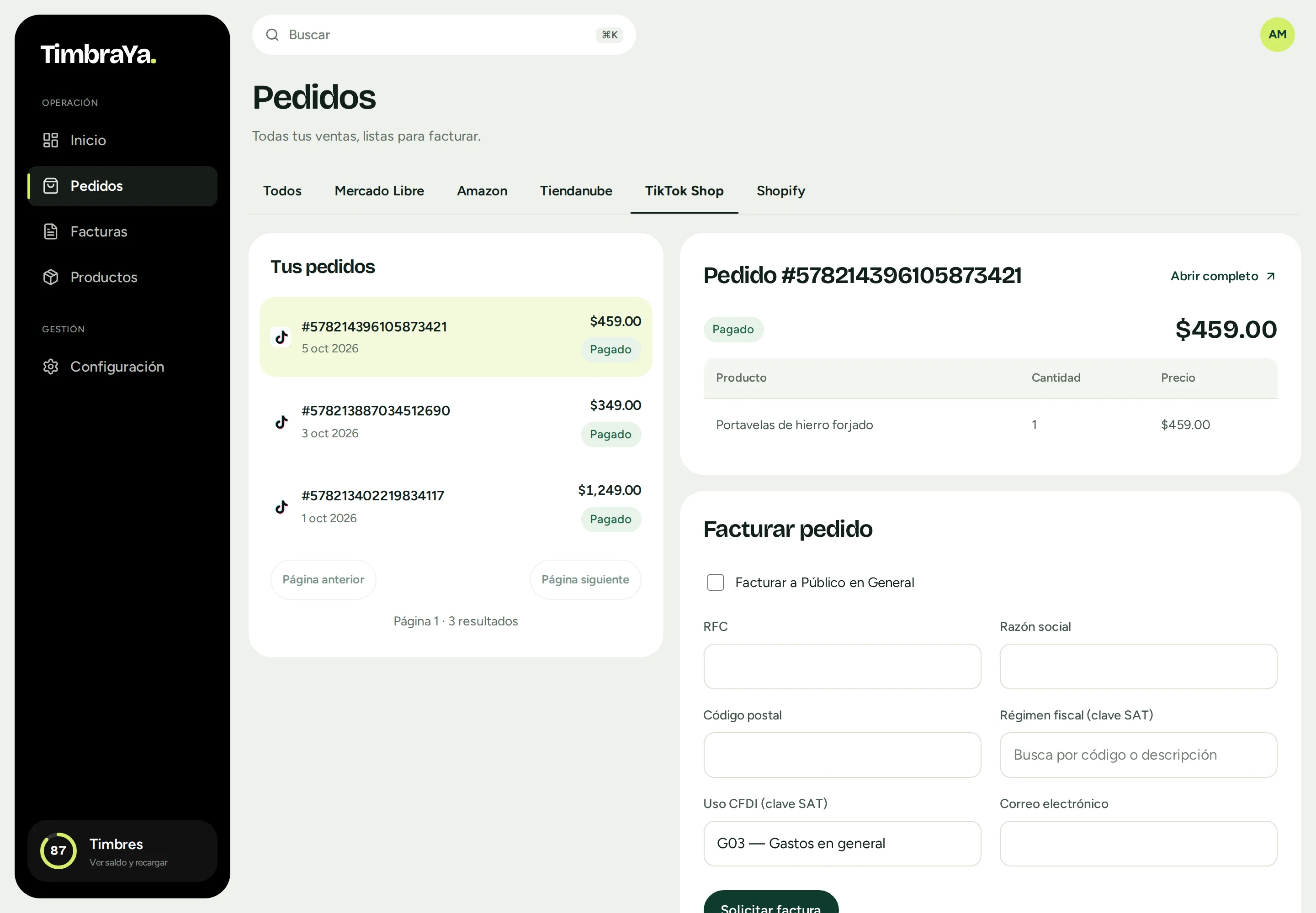 Pantalla Pedidos de TimbraYa filtrada a TikTok Shop, con un pedido abierto