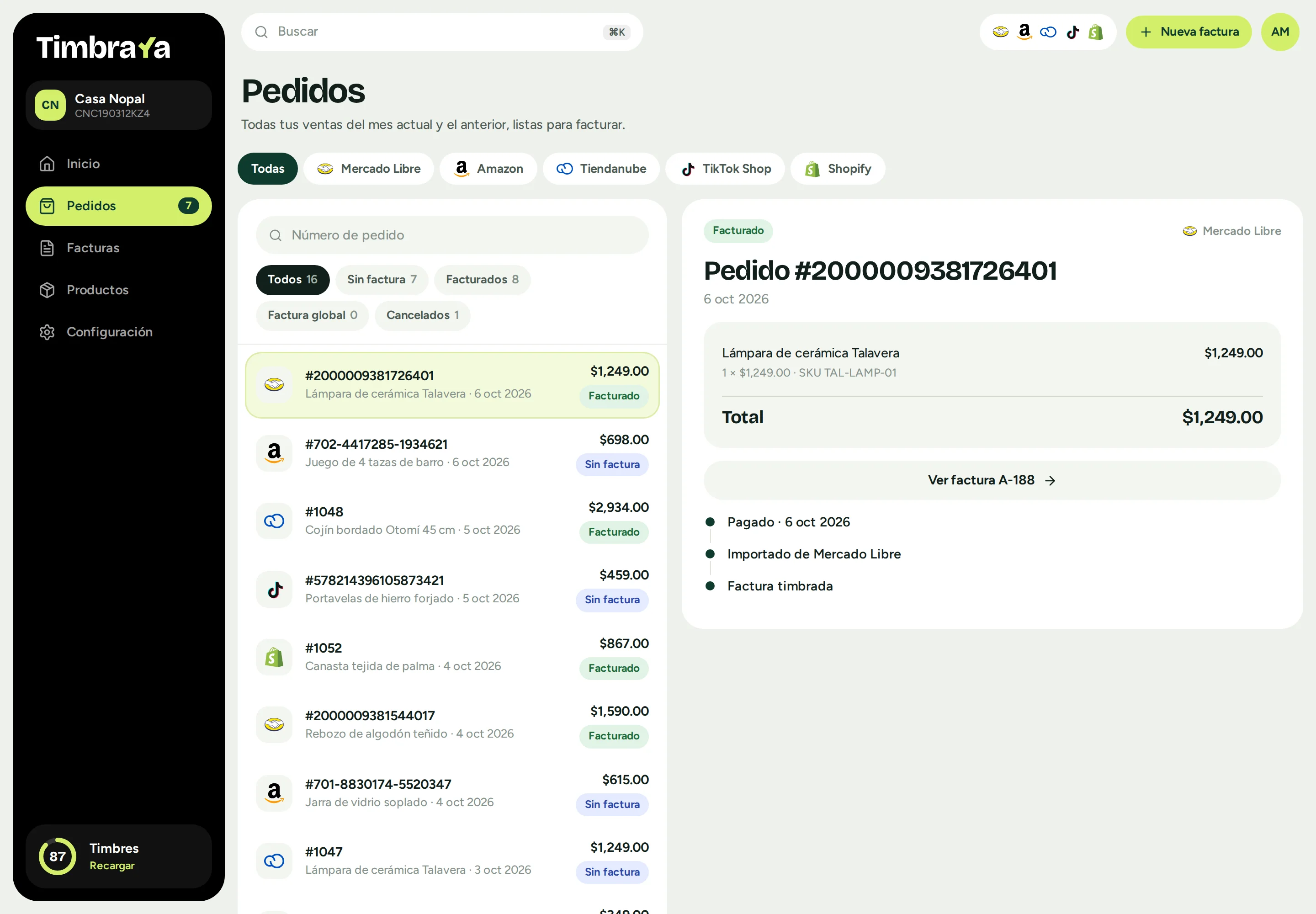 Pantalla Pedidos de TimbraYa con ventas de Mercado Libre, Amazon, Tiendanube, TikTok Shop y Shopify en una sola lista