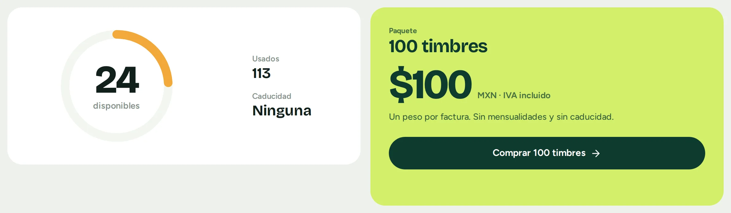 Pantalla Timbres de TimbraYa con 24 timbres disponibles y el paquete de 100 timbres por $100 MXN